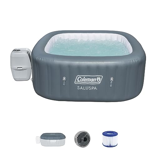 Coleman 15442-BW SaluSpa 4 Person Portable Inflatable Outdoor Square Hot Tub Spa with 114 Air Jets, Cover, Pump, and 2 Filter Cartridges, Gray
